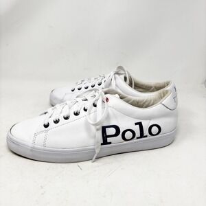Polo Ralph Lauren Mens Size 10.5 White Leather Low Top Sneakers Logo Longwood